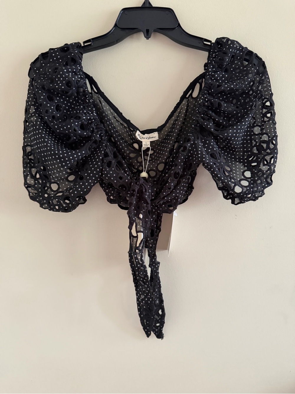 News! For Love & Lemons Black Eyelet Tie-Front Puff-Sleeve Swim Coverup